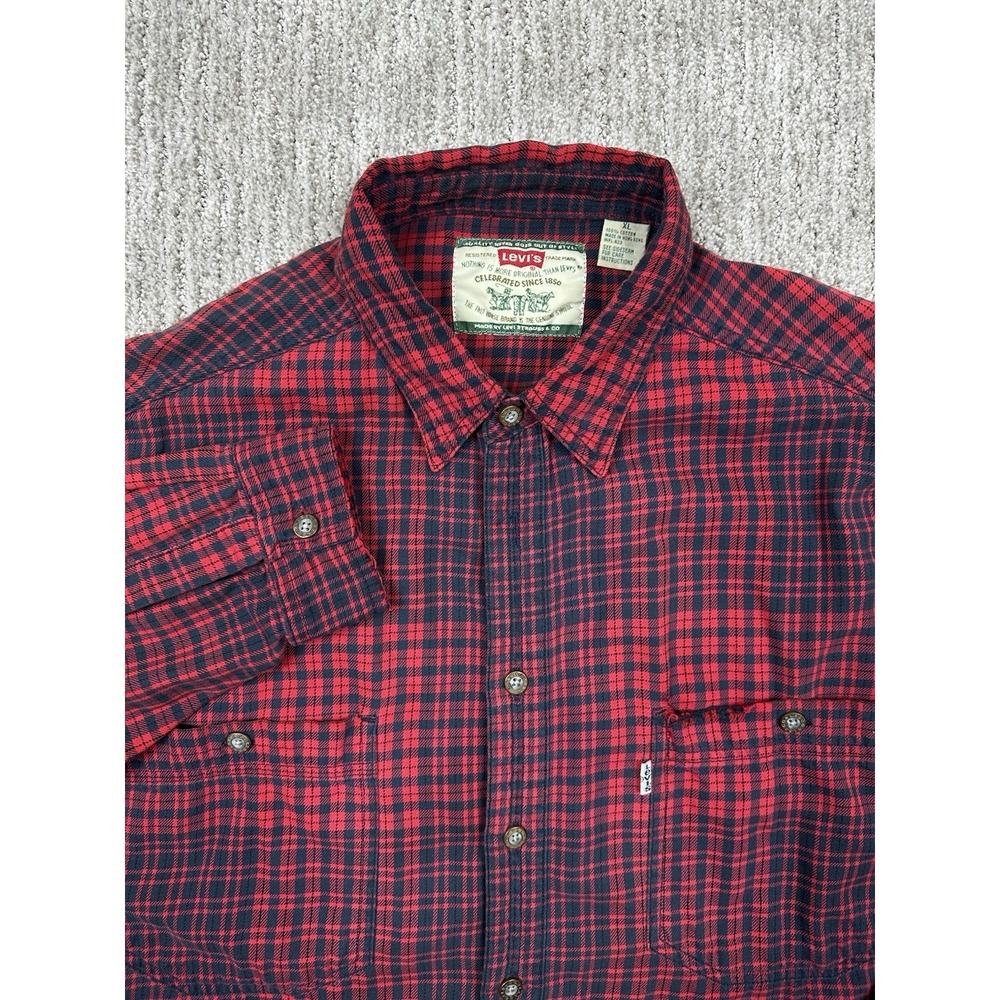 Vtg Levi's Mens Long Sleeve Plaid Flannel Shirt Red 100% Cotton XL Metal Buttons